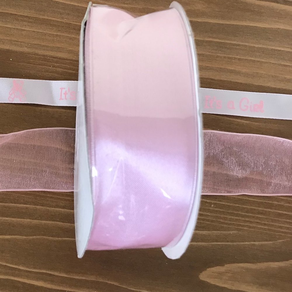 It's a Girl Pink Wreath Craft Ribbon 3 Rolls Sheer & Satin Wire Edge So-Facile - Picture 3 of 5